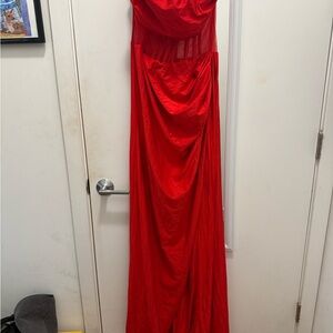 Red Strapless Evening Gown with Corset Detail